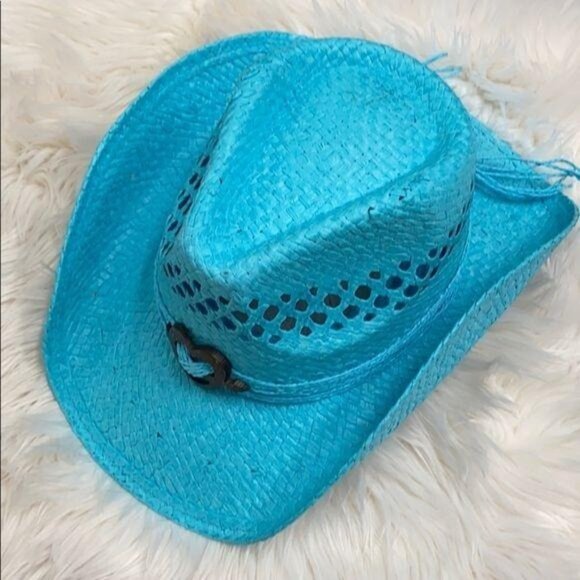 Aqua Blue Boho Style Heart Detail Cowboy Hat - Picture 2 of 4